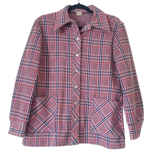 Vintage 70s Red White Blue Plaid Button Up Shirt Shacket  Size 13/14 Mod Punk - Picture 1 of 8